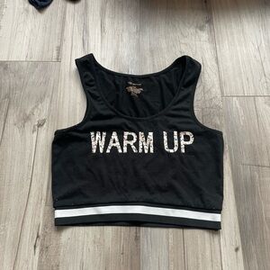Black Tank Crop Top with 'Warm Up' Print